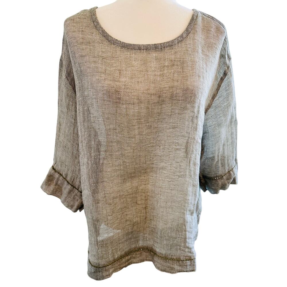 J. Jill Linen Pullover Blouse Open Weave Olive Green 1X Breathable Lagenlook
